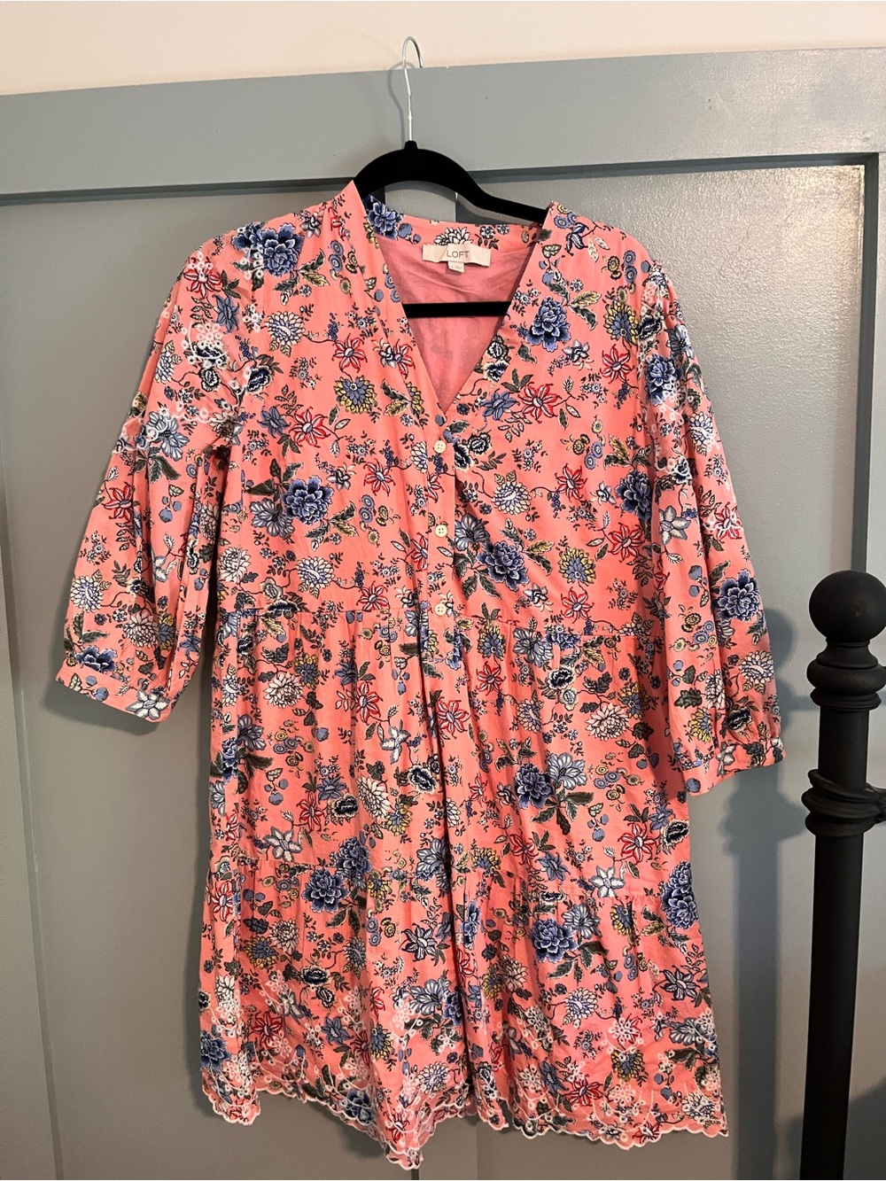 LOFT Coral Pink Floral Button-Front Tiered Mini Dress
